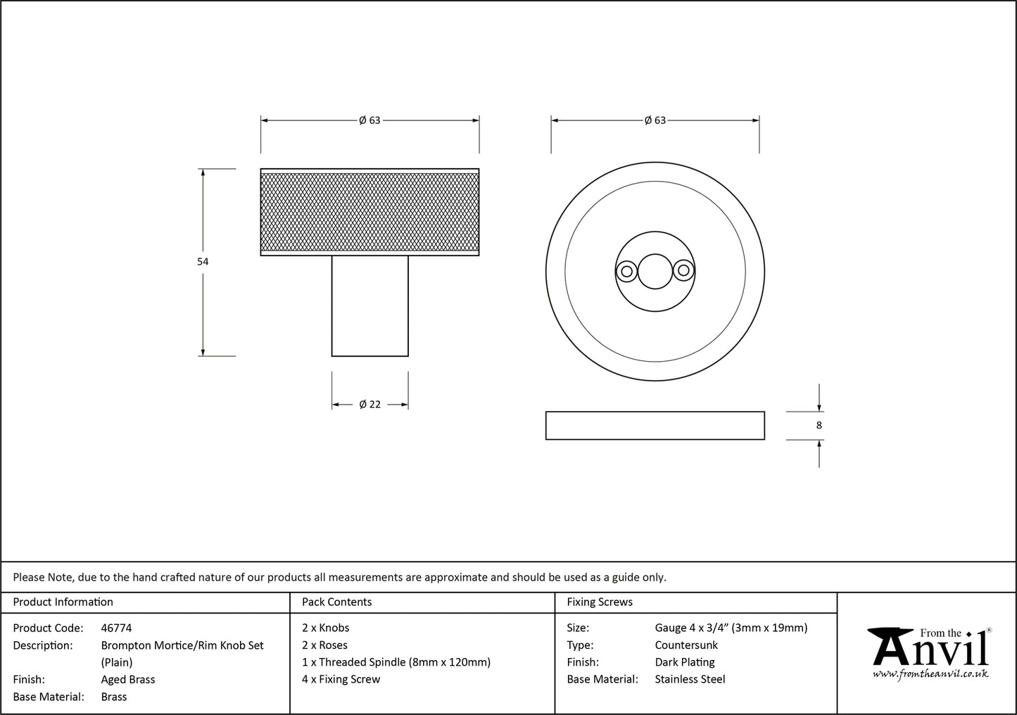 Aged Brass Brompton Mortice/Rim Knob Set drawing