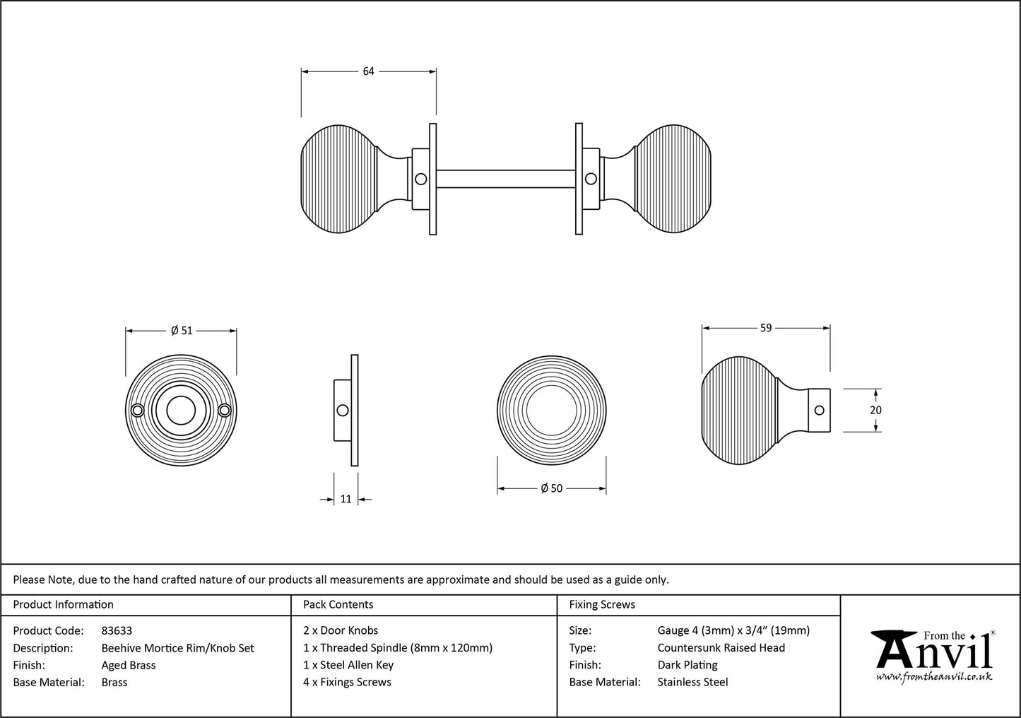 Aged Brass Beehive Mortice Door Knob drawing