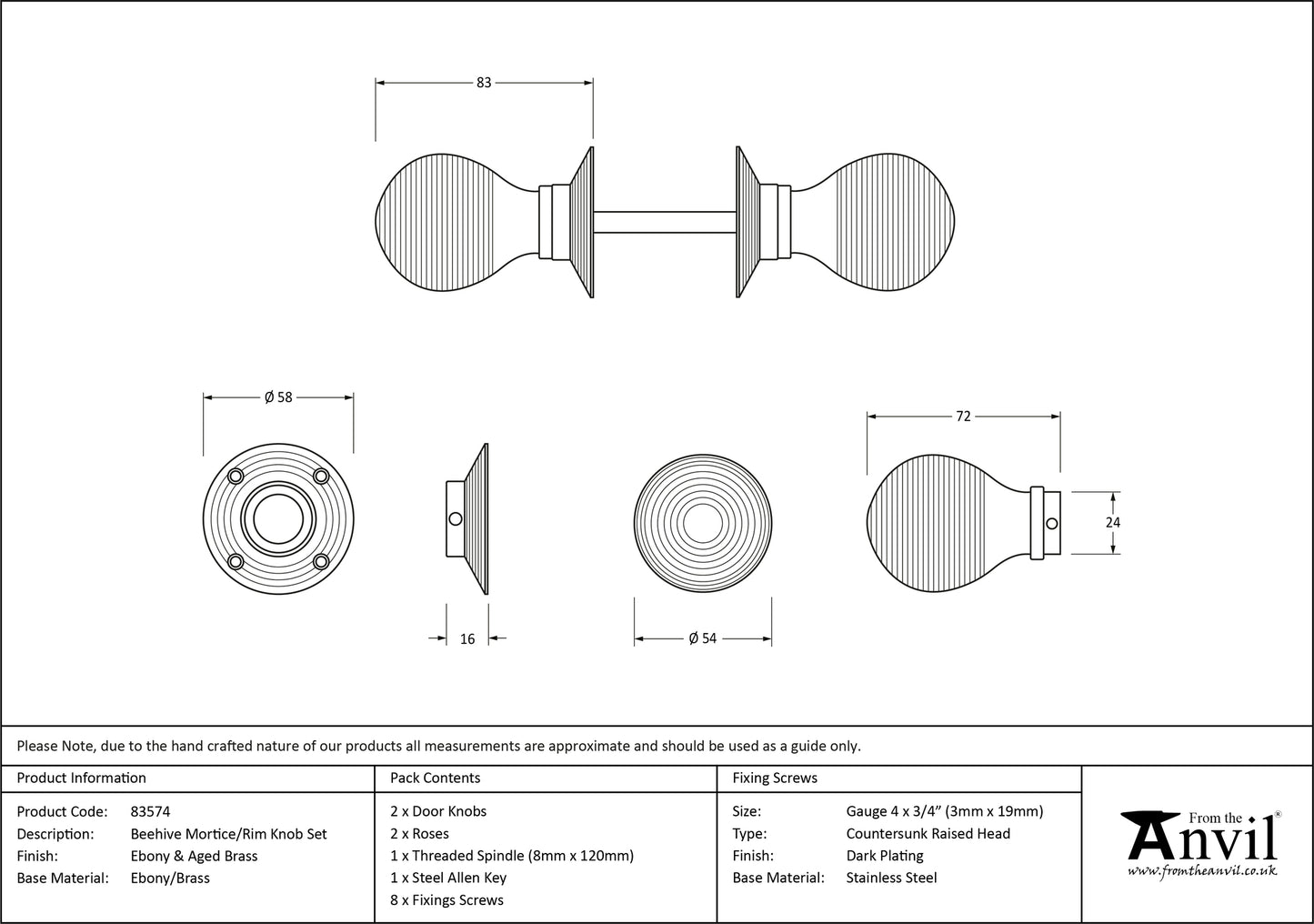 Ebony & Aged Brass Beehive Mortice/Rim Knob Set drawing