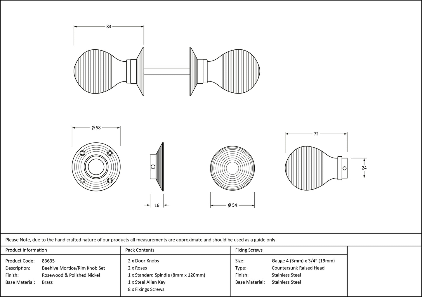 Rosewood and Polished Nickel Beehive Mortice/Rim Knob Set drawing