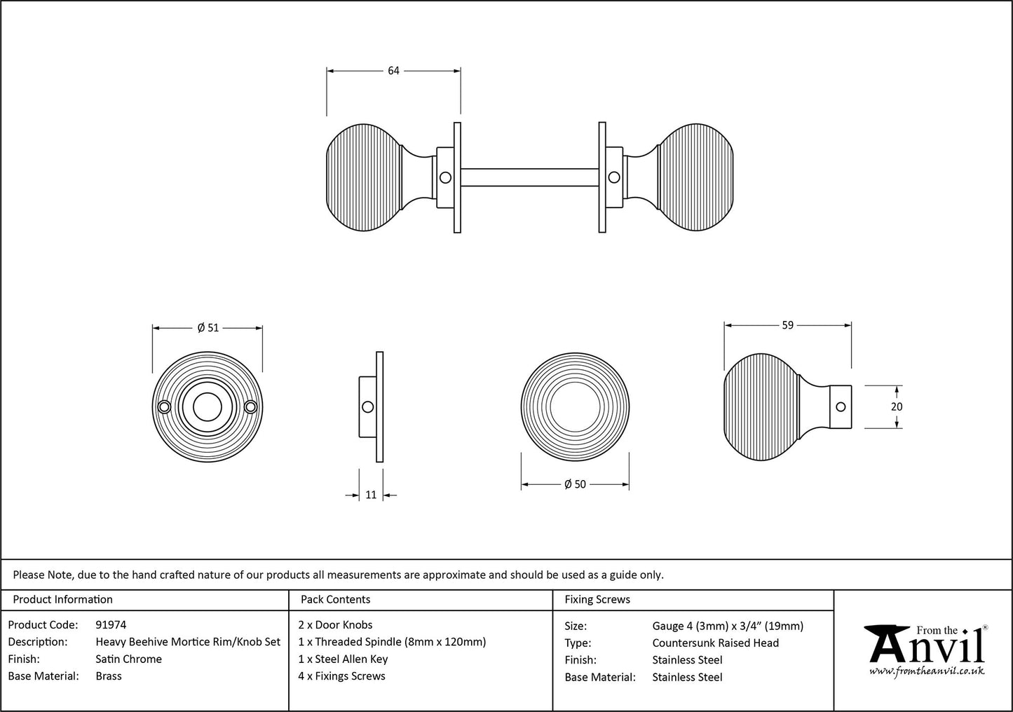 Satin Chrome Heavy Beehive Mortice/Rim Knob Set drawing