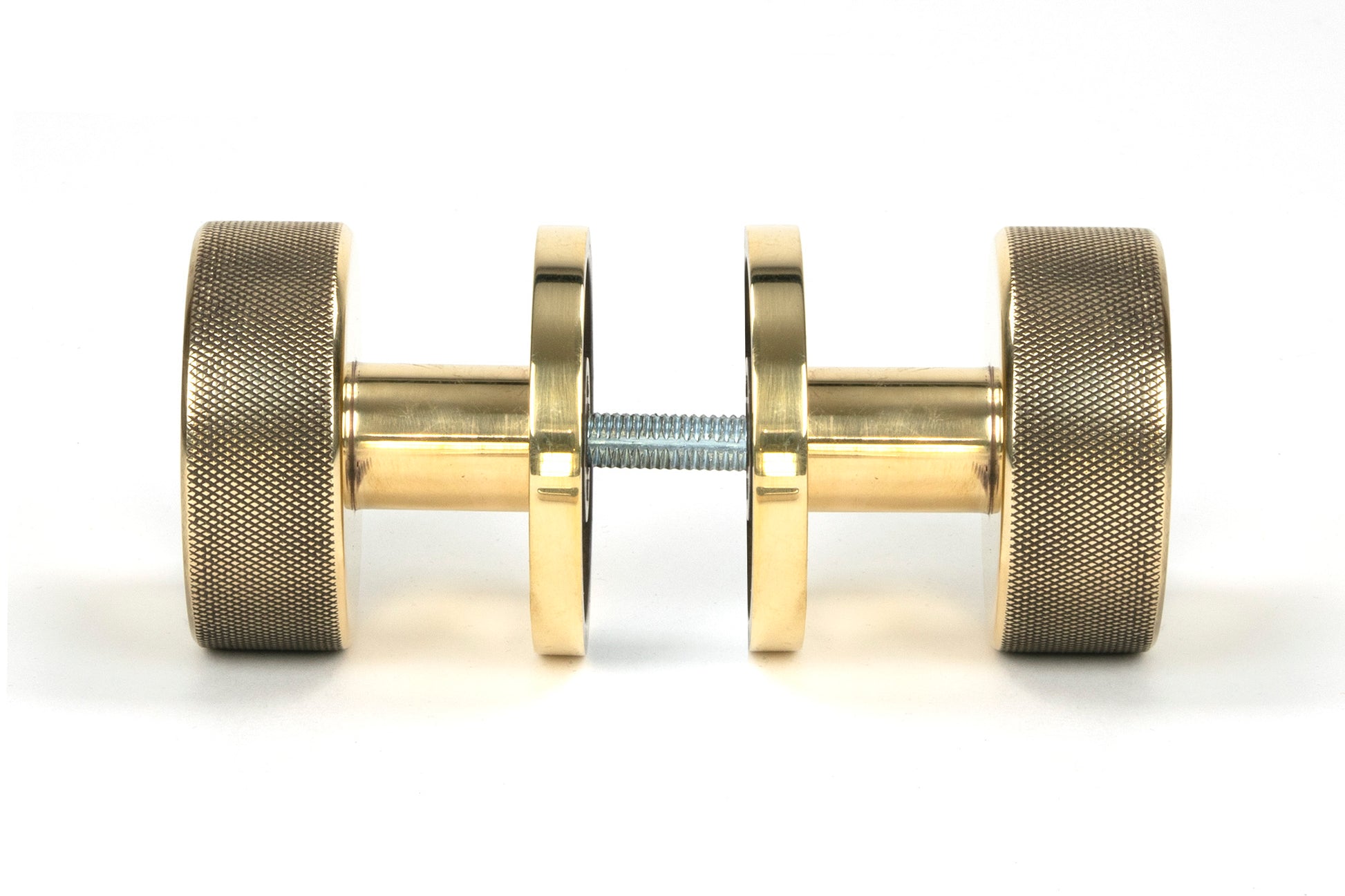 Aged Brass Brompton Mortice/Rim Knob Set side by side