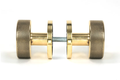 Aged Brass Brompton Mortice/Rim Knob Set side by side