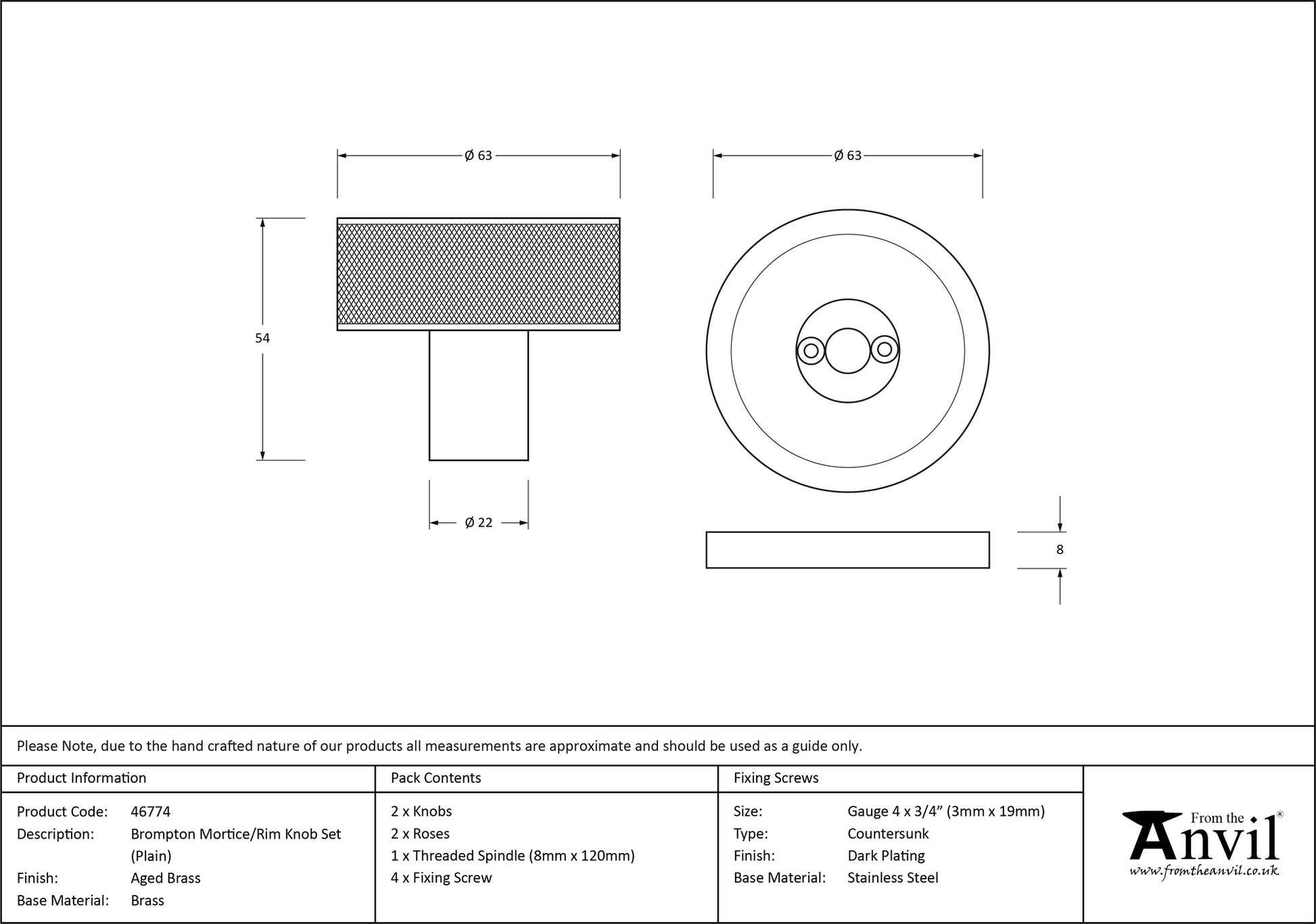 Aged Brass Brompton Mortice/Rim Knob Set drawing