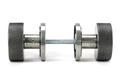 Pewter Brompton Mortice/Rim Knob Set side by side