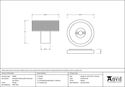 Pewter Brompton Mortice/Rim Knob Set drawing