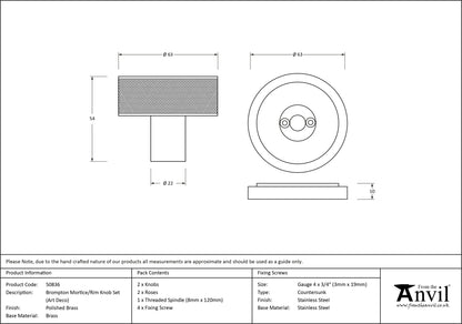 Polished Brass Brompton Mortice/Rim Knob Set drawing