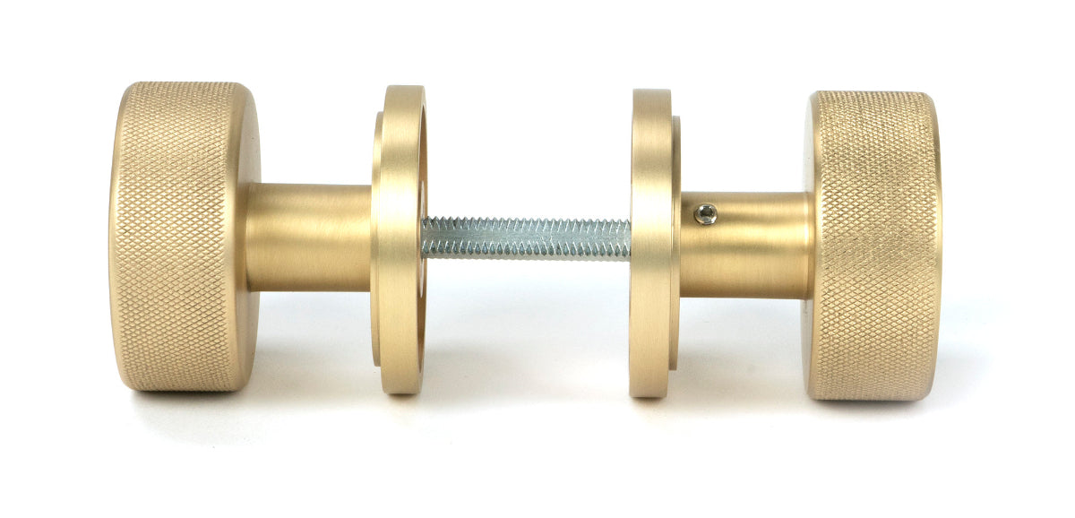 Satin Brass Brompton Mortice/Rim Knob Set Side by side