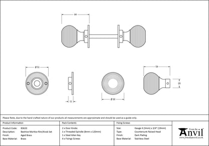 Aged Brass Beehive Mortice Door Knob drawing