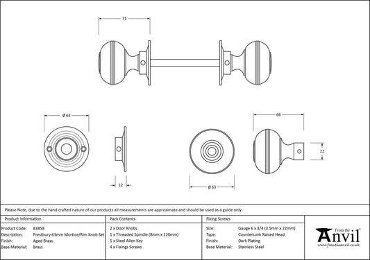 Aged Brass Prestbury Mortice/Rim Knob Set 63mm