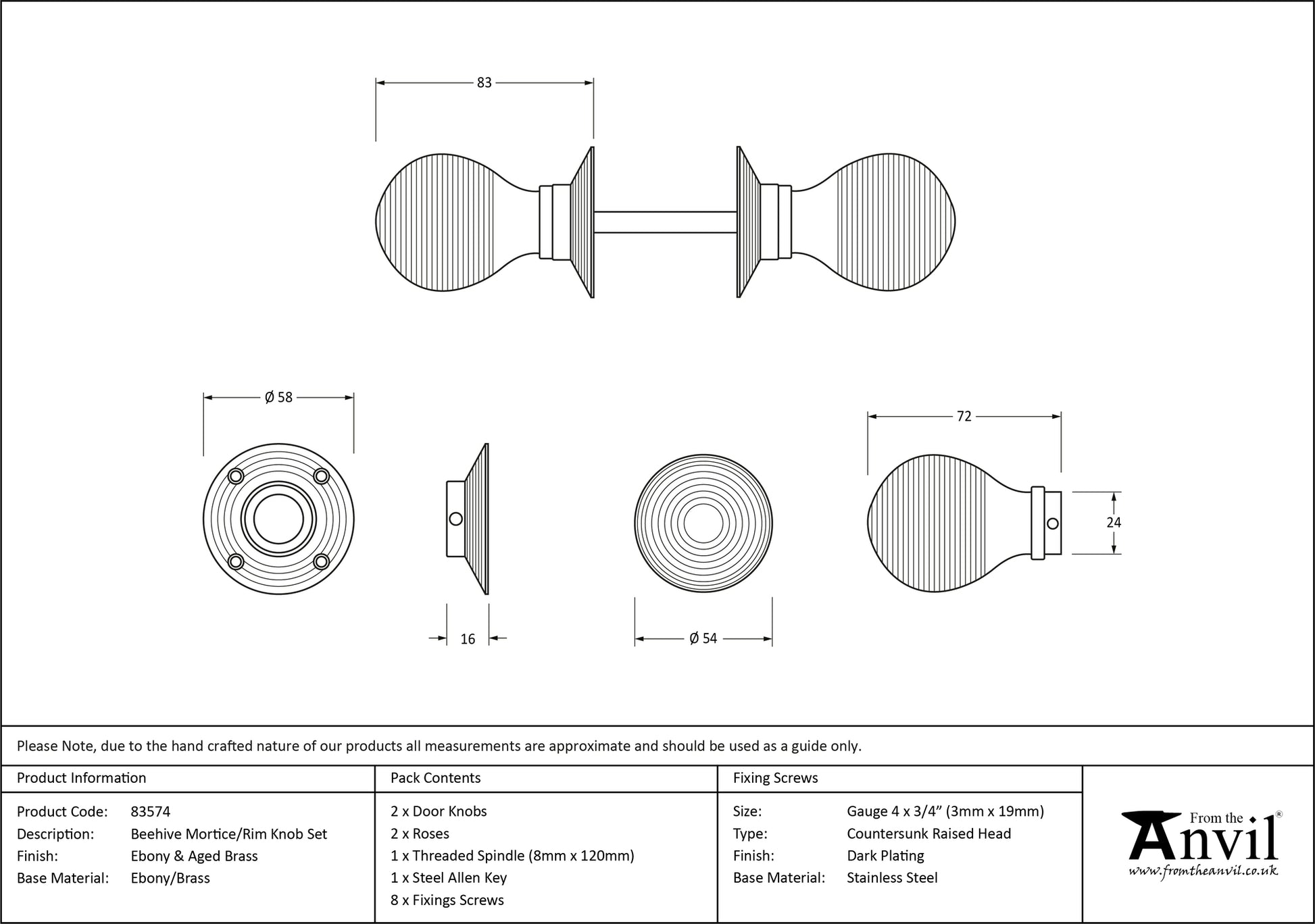 Ebony & Aged Brass Beehive Mortice/Rim Knob Set drawing
