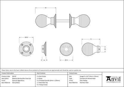 Ebony & Aged Brass Beehive Mortice/Rim Knob Set drawing