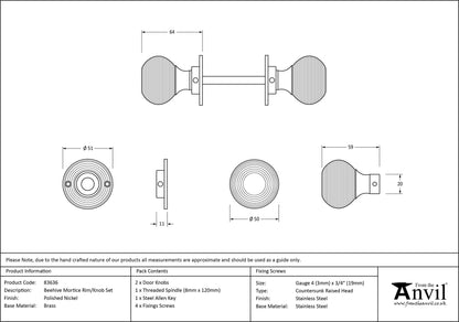 Polished Nickel Beehive Mortice Door Knob drawing