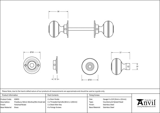 Polished Nickel Prestbury Mortice/Rim Knob Set 63mm