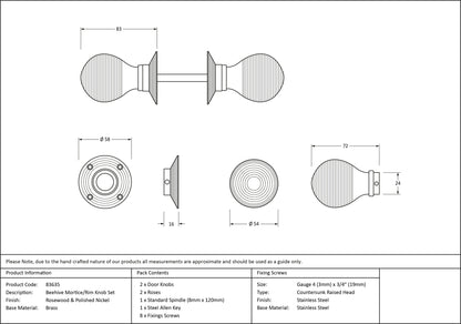 Rosewood and Polished Nickel Beehive Mortice/Rim Knob Set drawing
