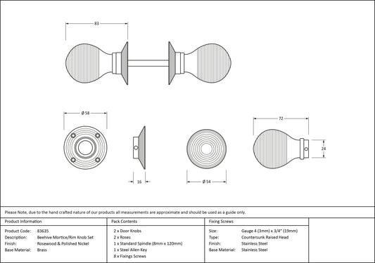 Rosewood and Polished Nickel Beehive Mortice/Rim Knob Set drawing
