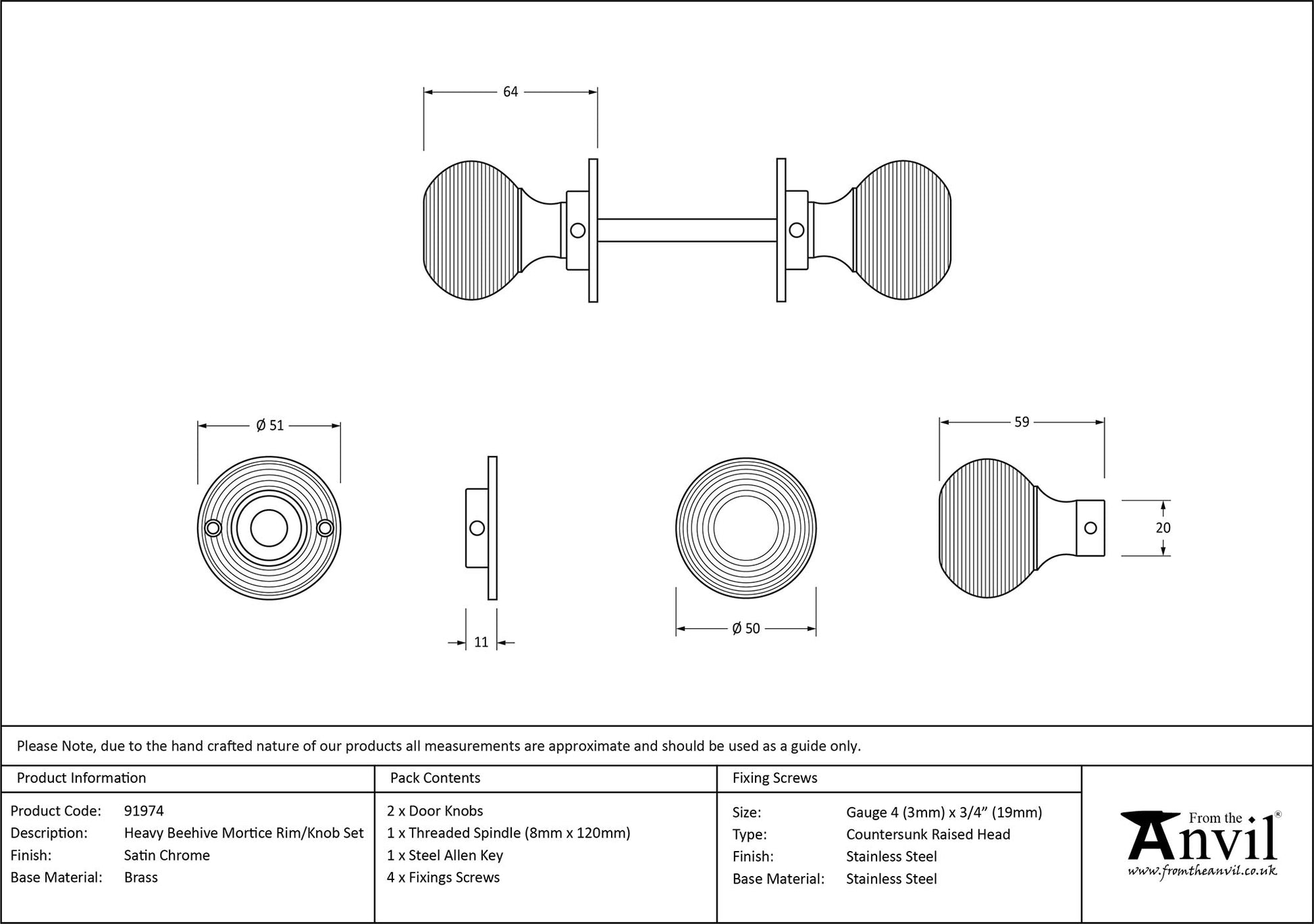 Satin Chrome Heavy Beehive Mortice/Rim Knob Set drawing