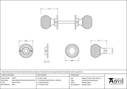 Satin Chrome Heavy Beehive Mortice/Rim Knob Set drawing